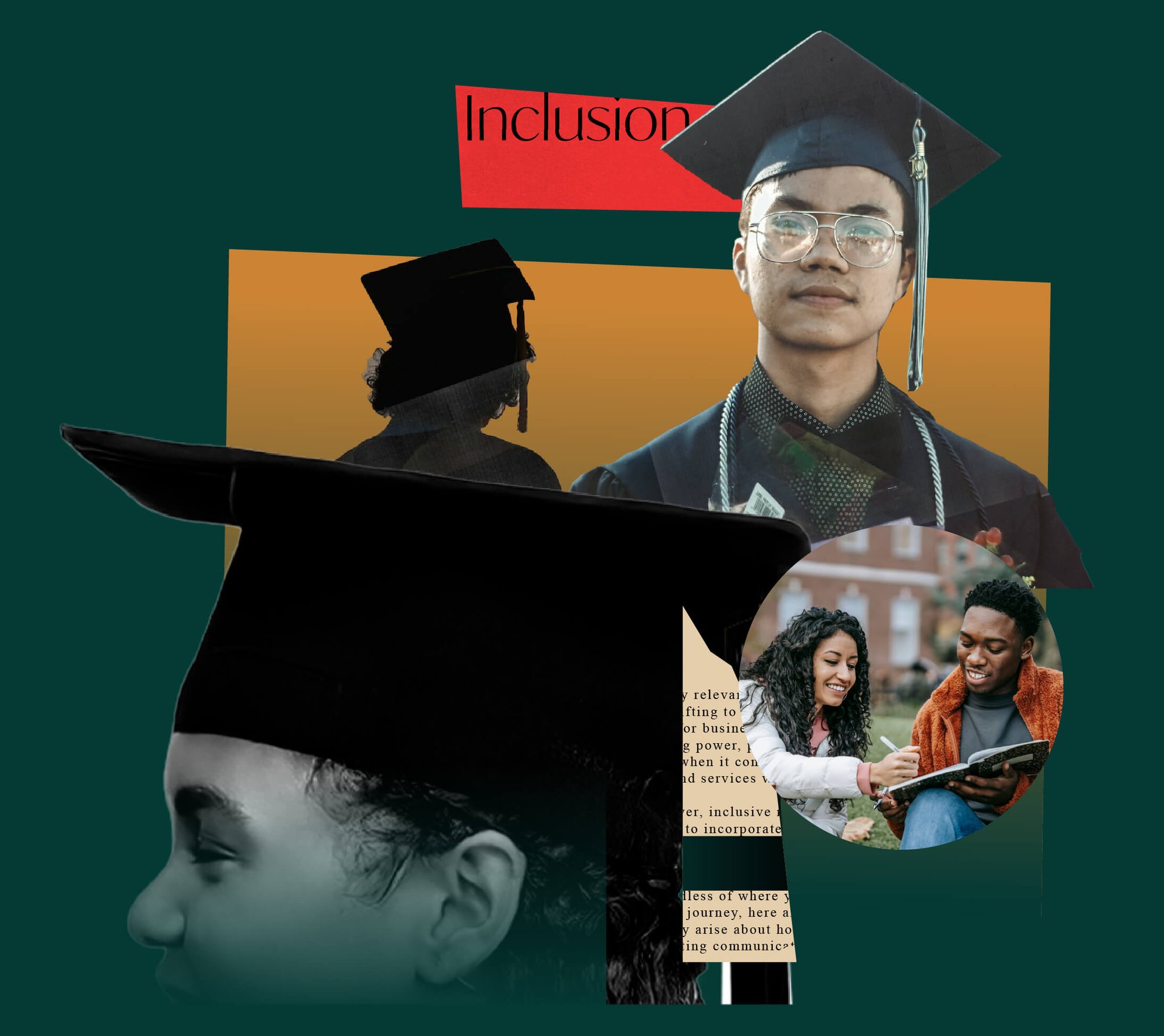 A collage-style graphic on a dark green background highlights graduation and inclusion for post-secondary institutions. It features a smiling graduate in the centre, a profile of another in the lower-left, and two BIPOC students outdoors in a circular inset. Bold red text reading "Inclusion" spans the top-middle, emphasizing diversity and representation.